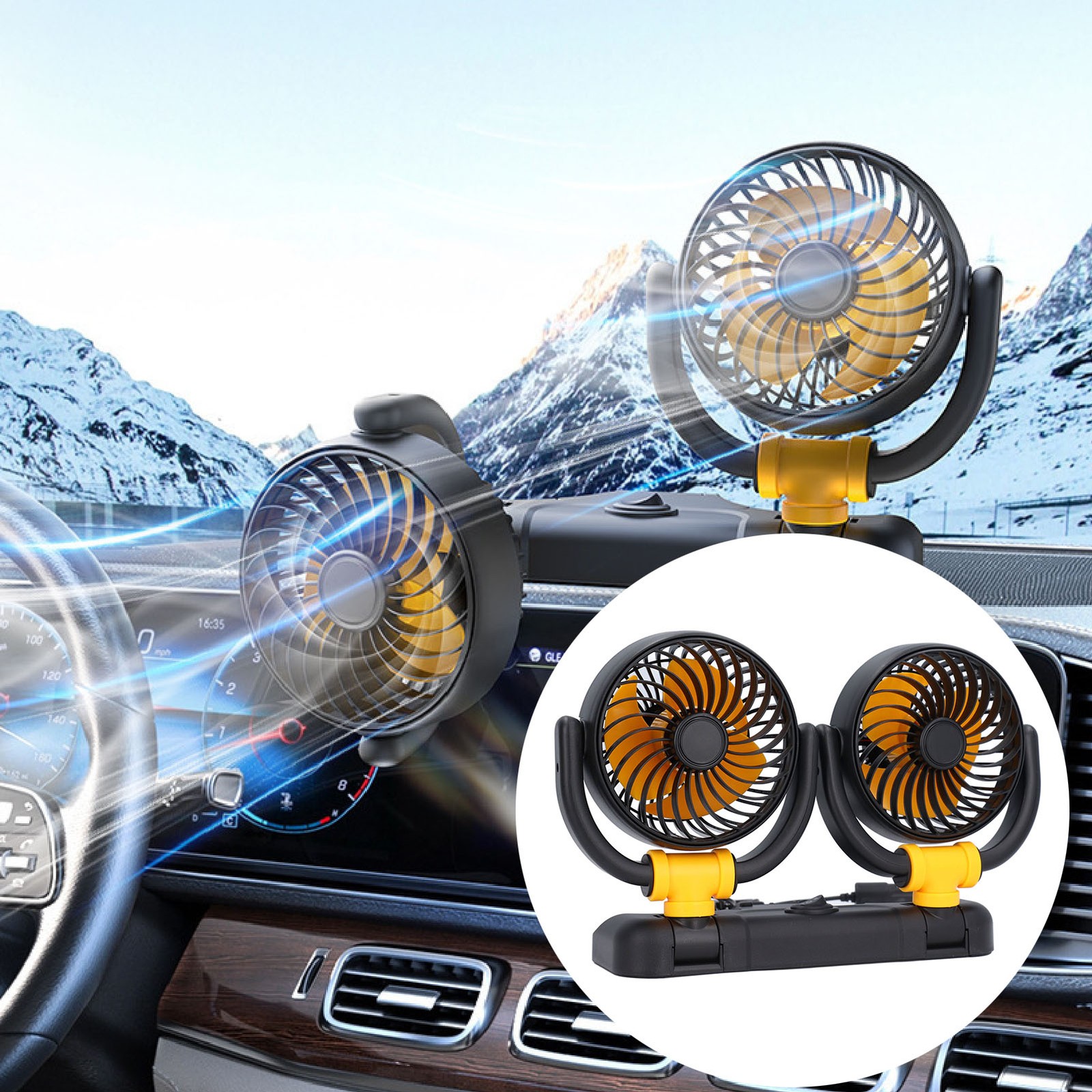 DC12V Dual Head Car Fan Adjustable 2 Speed 360° Rotation Dashboard Mount f3w2