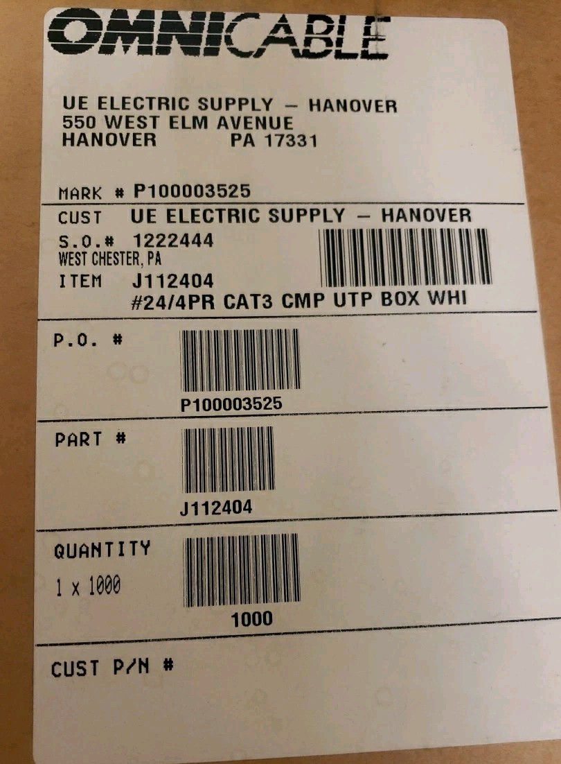 1000′ Telephone Wire CaT 3 4PR- 24 AWG OMNICABLE. #053