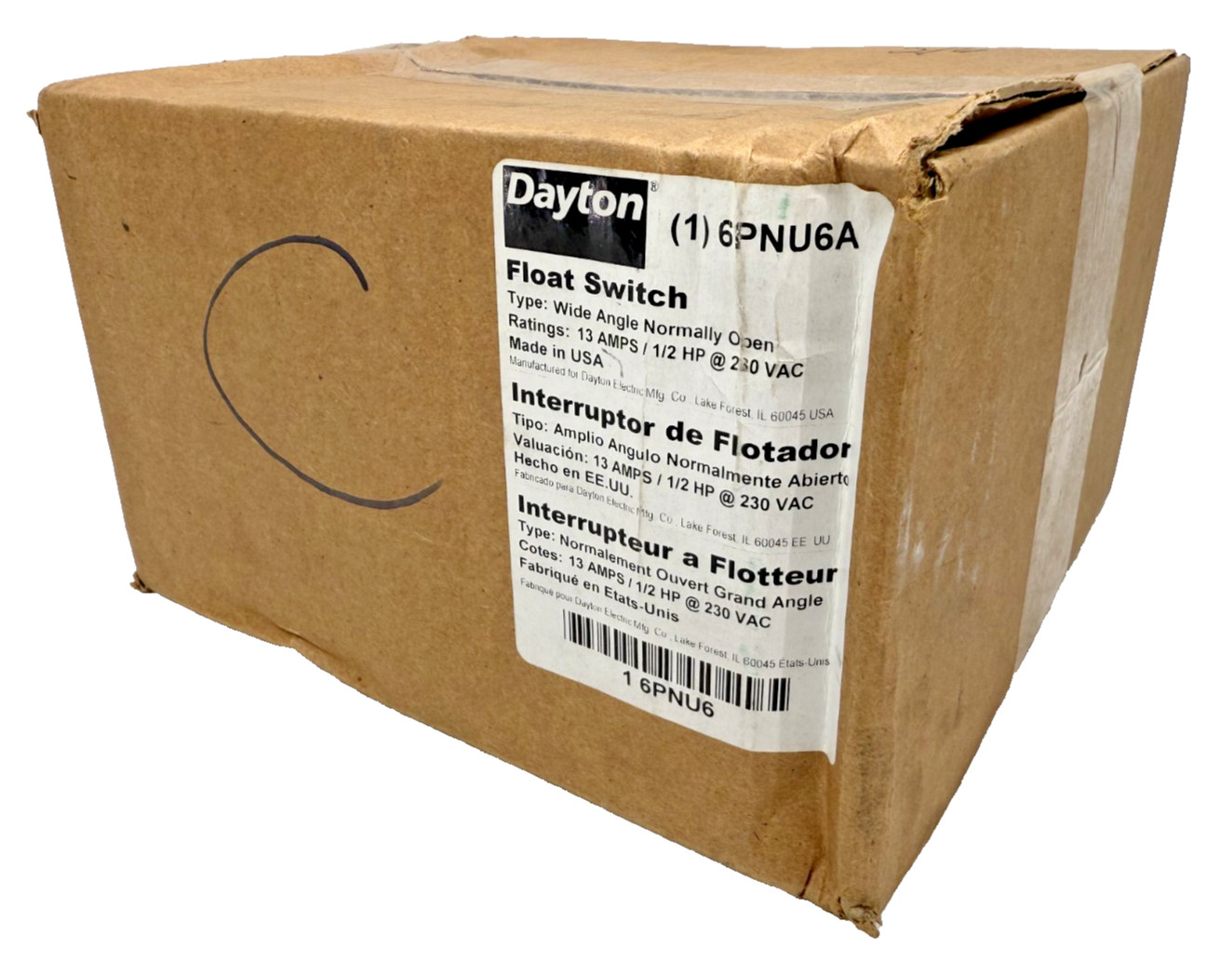 Dayton 6PNU6A Wide Angle Normally Open Float Switch 1/2HP 230V
