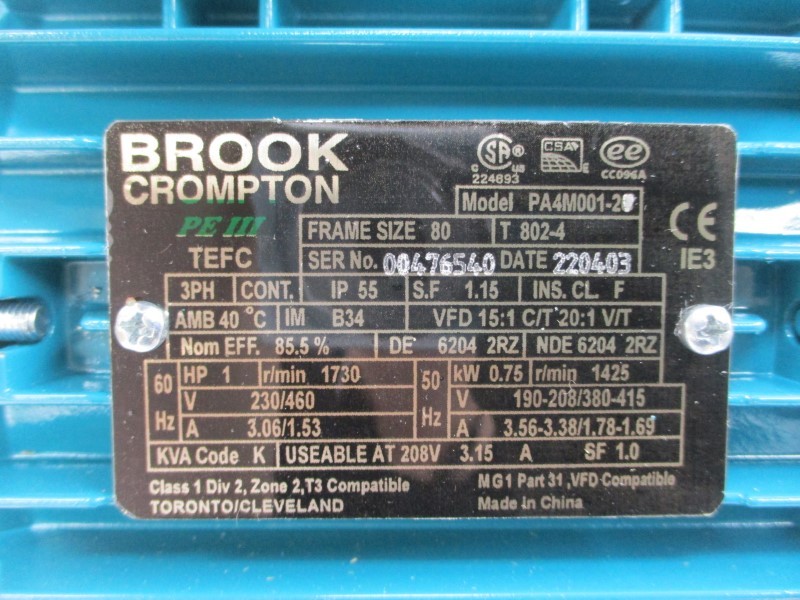 BROOK CROMPTON PA4M001-2C 230/460V 3.06/1.53A NSMP