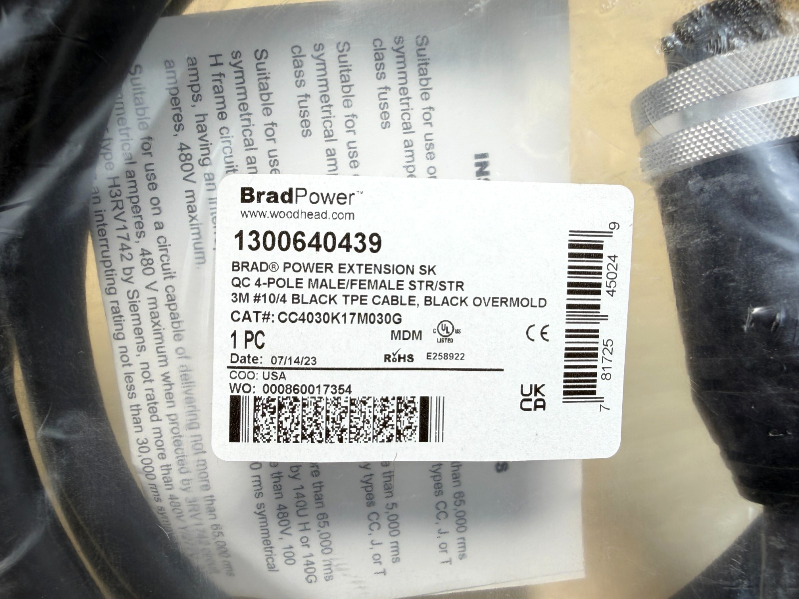 Woodhead CC4030K17M030G Brad Power SK QC 4-Pole Cable, 10/4 1300640439