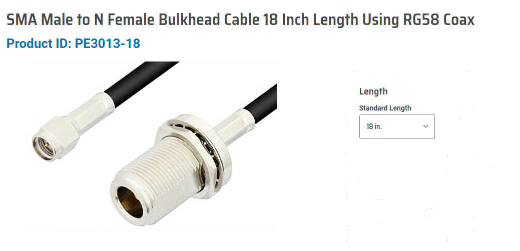Pasternack PE3013-18 SMA Male to N Female Bulkhead Cable 18 Inch Length Using RG