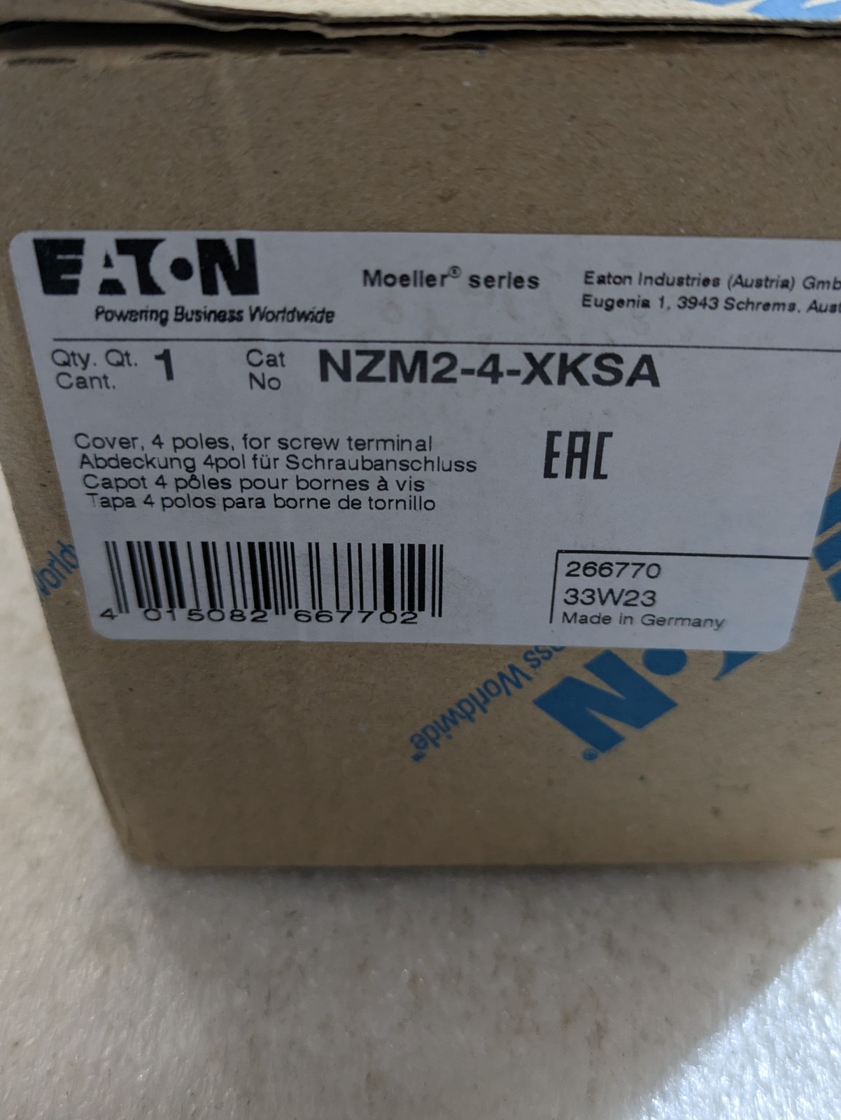 EATON NZM2‑4‑XKSA 266770 4‑Pole Terminal Cover Accessory for NZM2 Screw Conn Ind