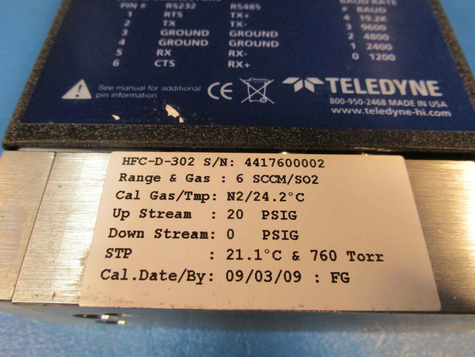 Teledyne Hastings HFC-D-302 Flow Controller, Range: 6, Gas: SCCM/SO2, 20 PSIG Up