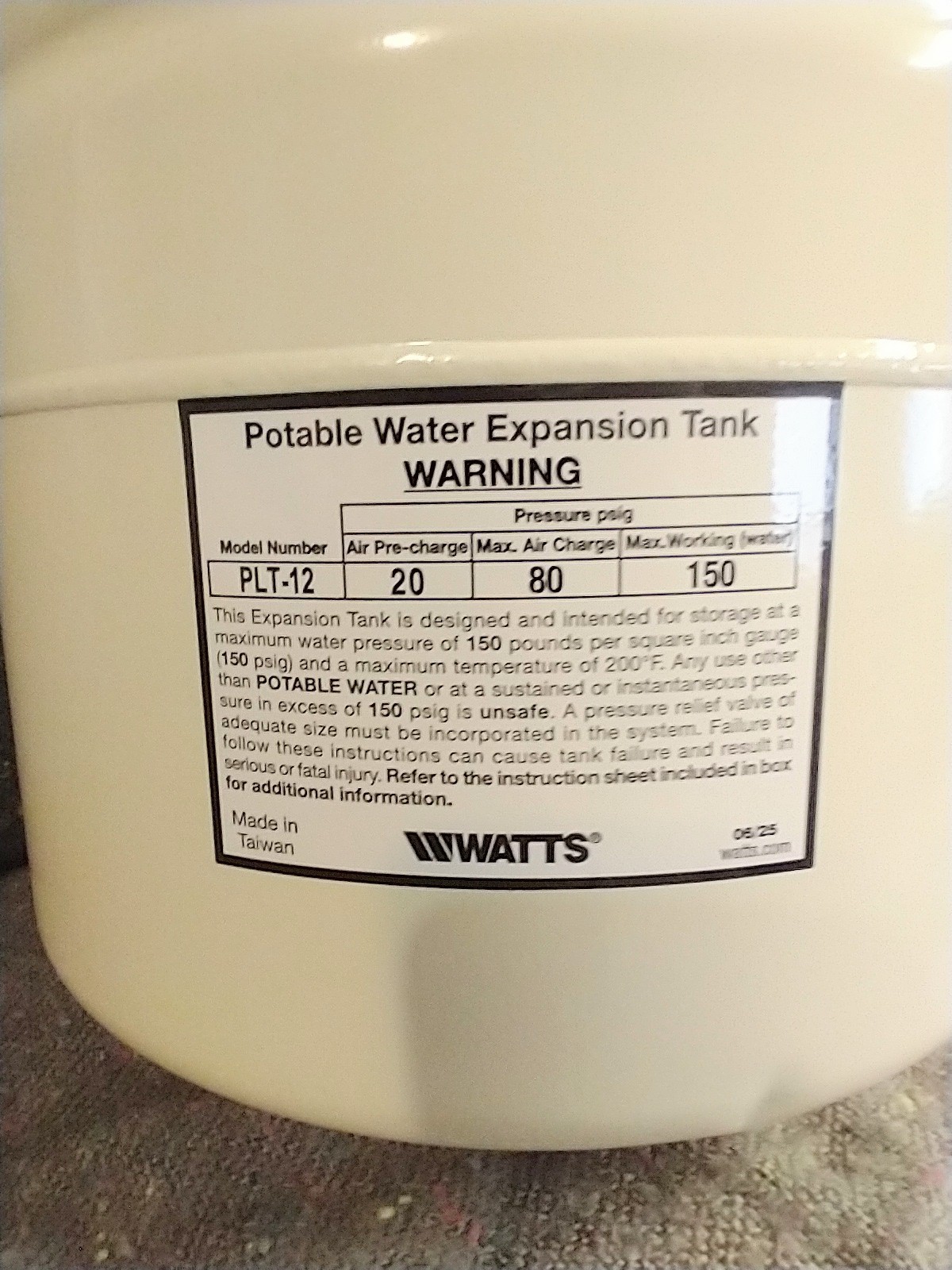 Watts 0067371 PLT-12 Potable Water Expansion Tank 4.5 Gallon, 150 PSI
