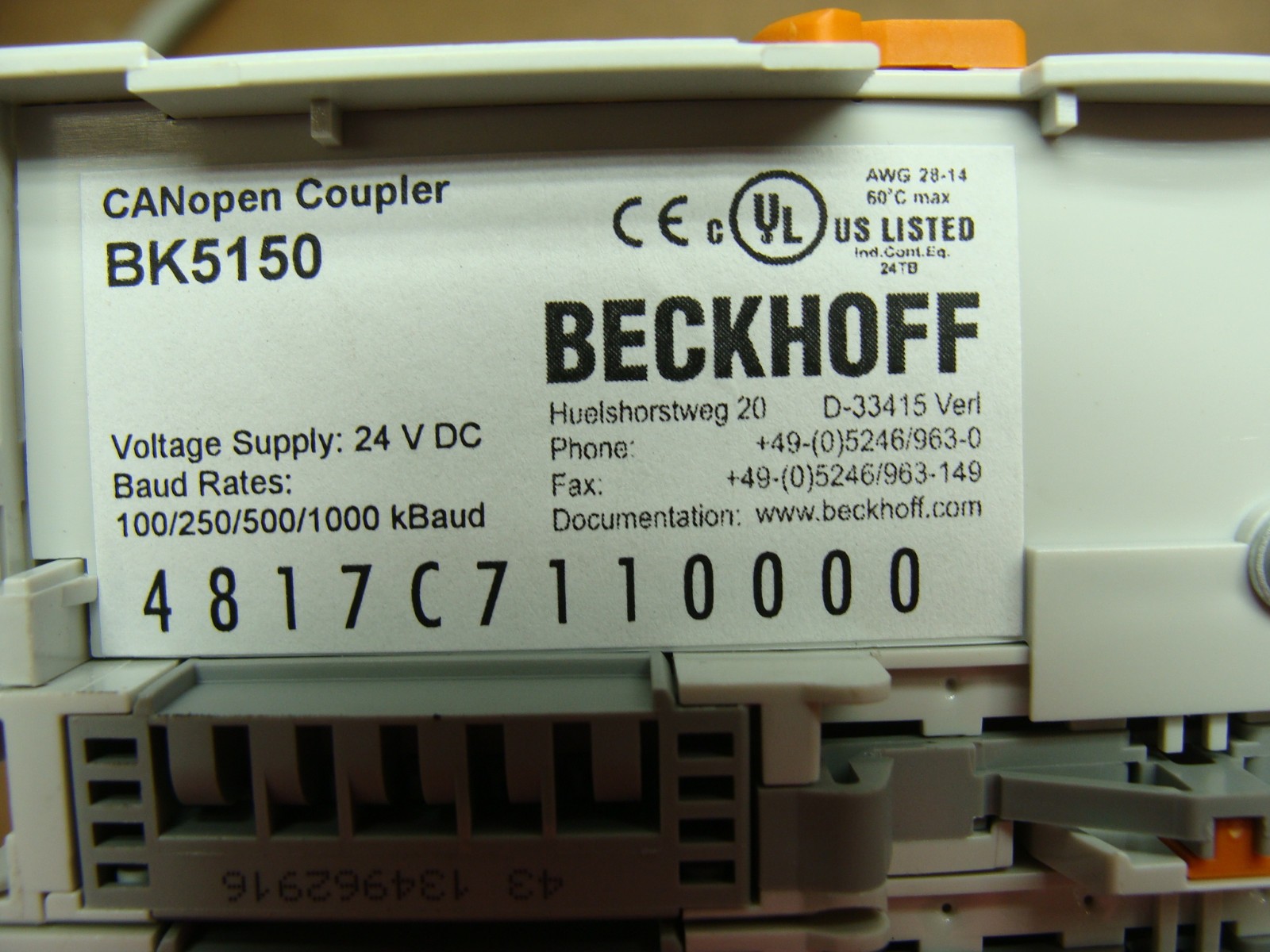 BECKHOFF BUS COUPLER CANOPEN BK5150 W/VARIOUS I/O MODULES (SEE DESC)