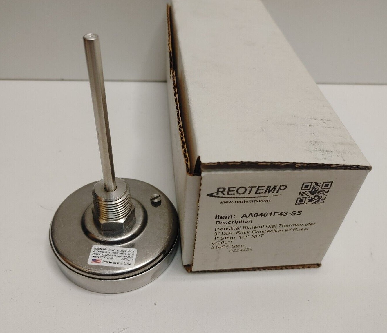 NEW! REOTEMP 3″ DIAL 4″ STEM 1/2″ NPT 0-200F DEGREE THERMOMETER AA0401F43-SS