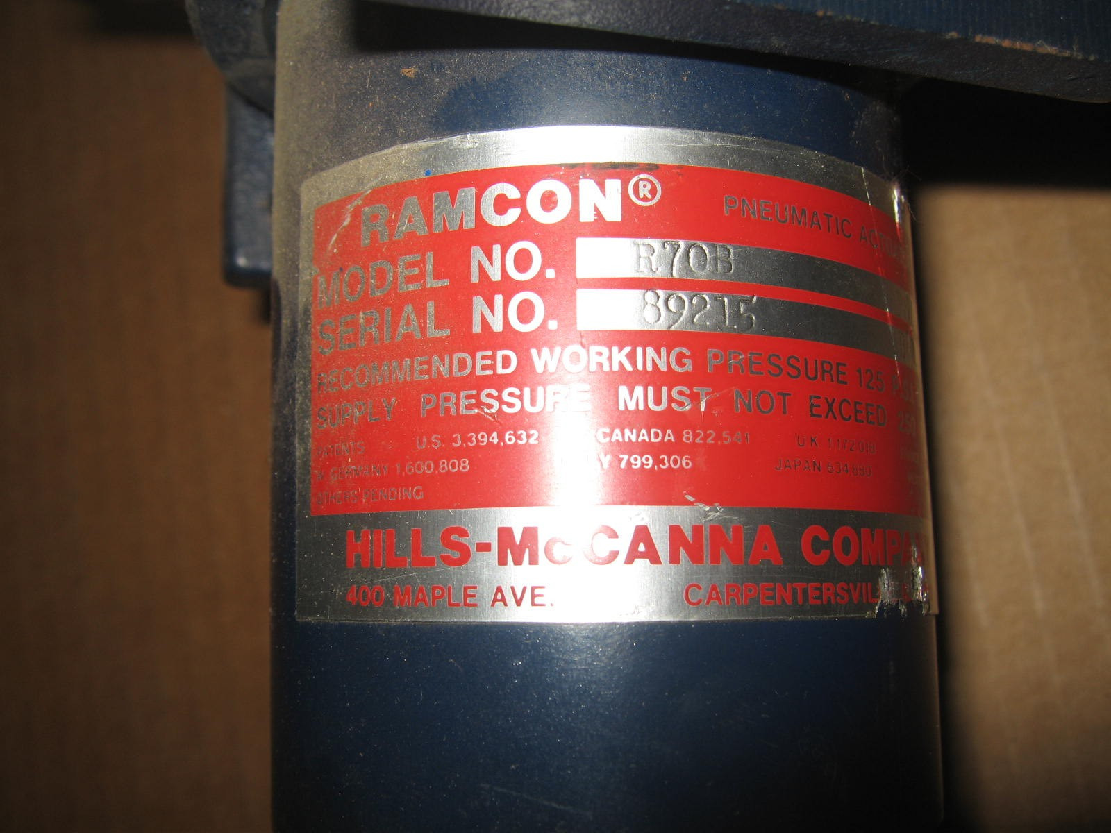 Hills-McCanna Co. R70B Ramcon Pneumatic Actuator 125 psi
