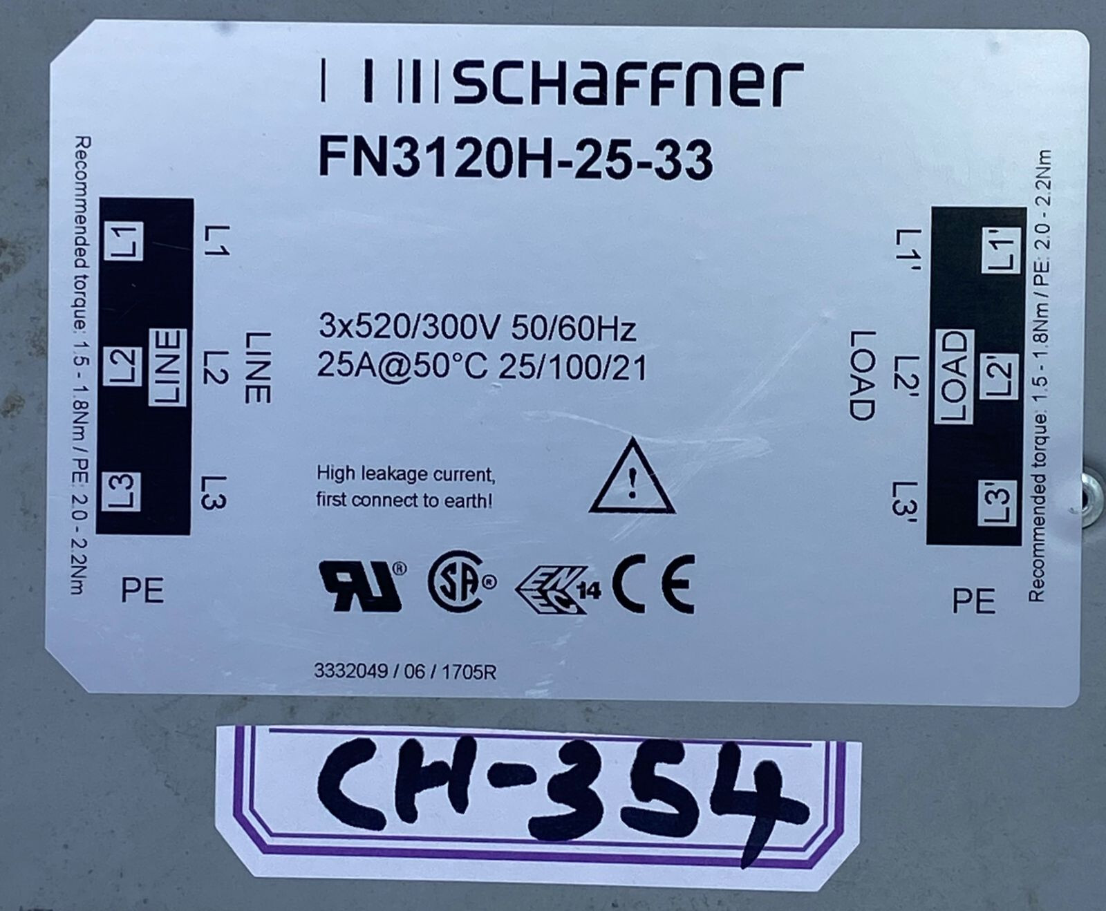 Schaffner EMC Inc. FN3120H-25-33 ,LINE FILTER 25A CHASSIS MOUNT, CH#354
