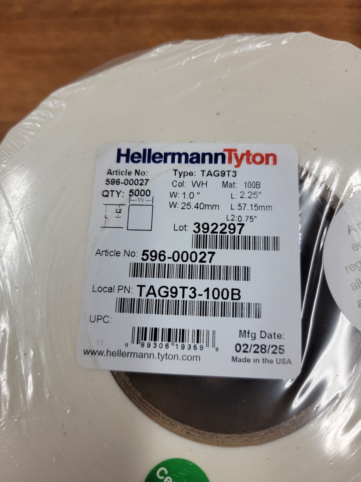 HellermannTyton TAG9T3-100B, 5000pk, 1″ Wide X 2-1/4″ Long, 2/28/25 Mfg Date