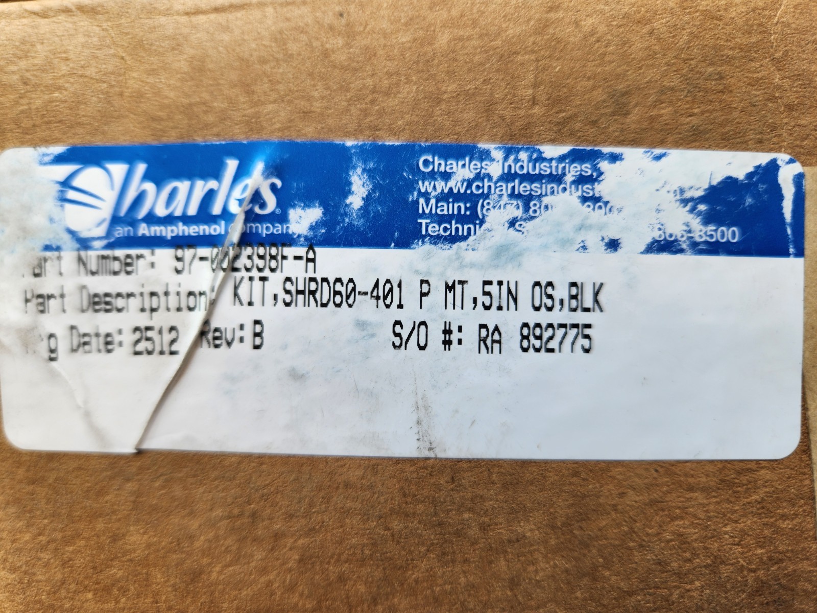 Charles Industries, 97-002398F-A, KIT SHRD60-401 P MT, 5 IN 0S, BLACK