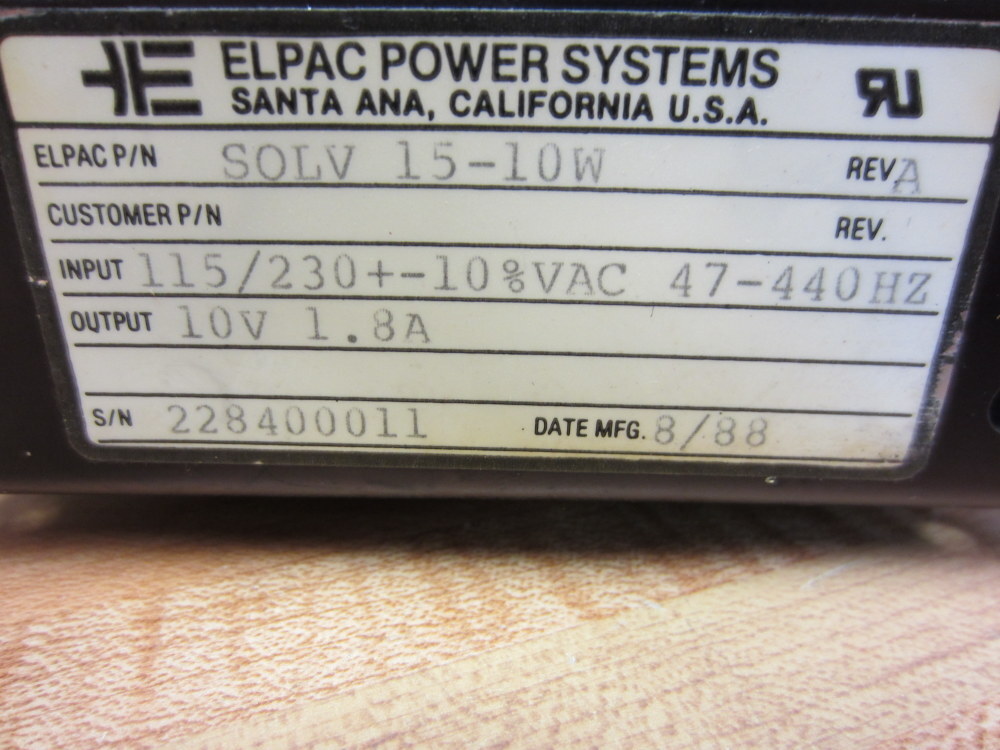 Elpac SOLV-15-10W Power Supply SOLV1510W