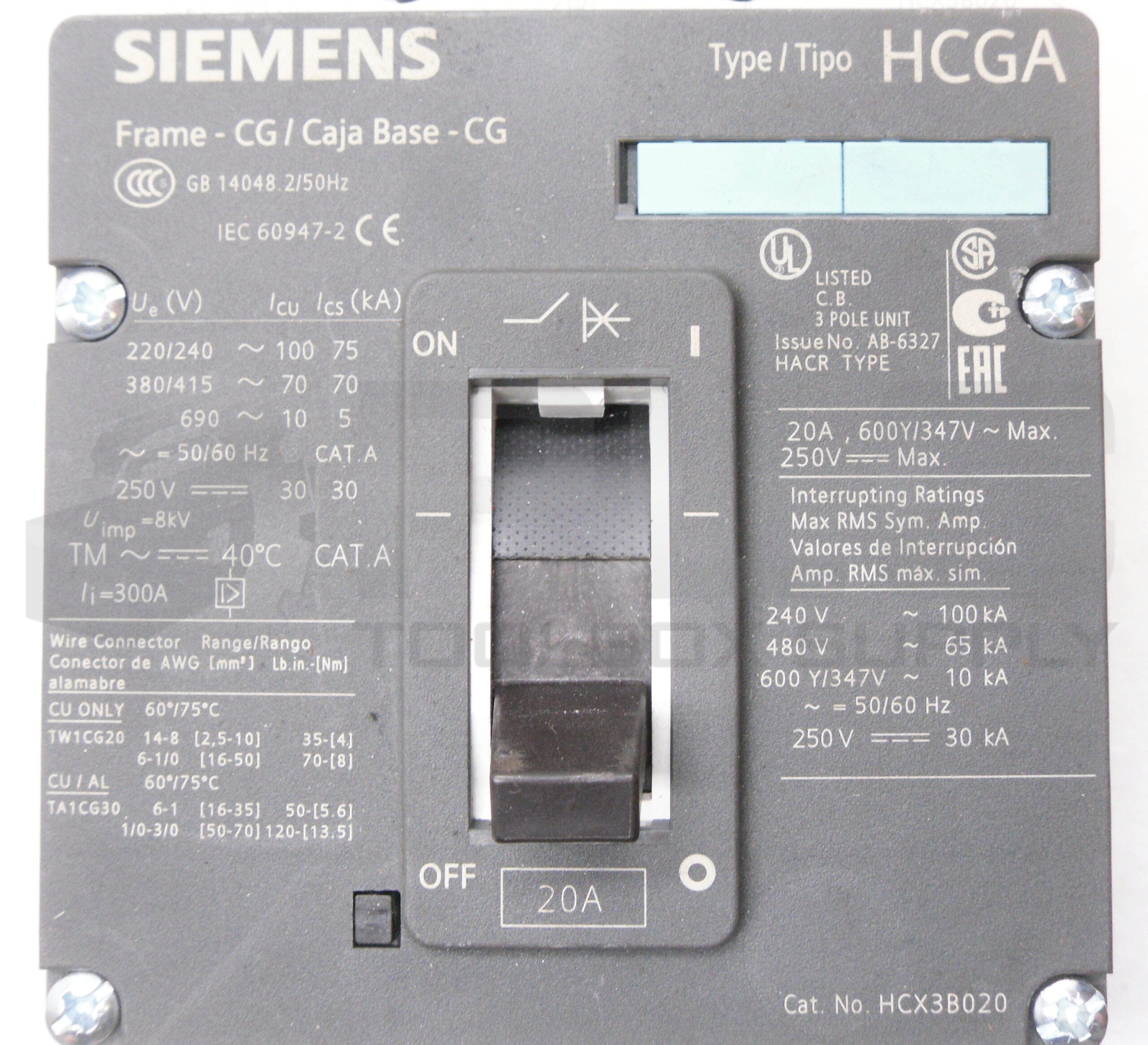 SIEMENS HCX3B020 CIRCUIT BREAKER 20A 50/60HZ 600V HCGA 3VL1102-2KM30-0AA0