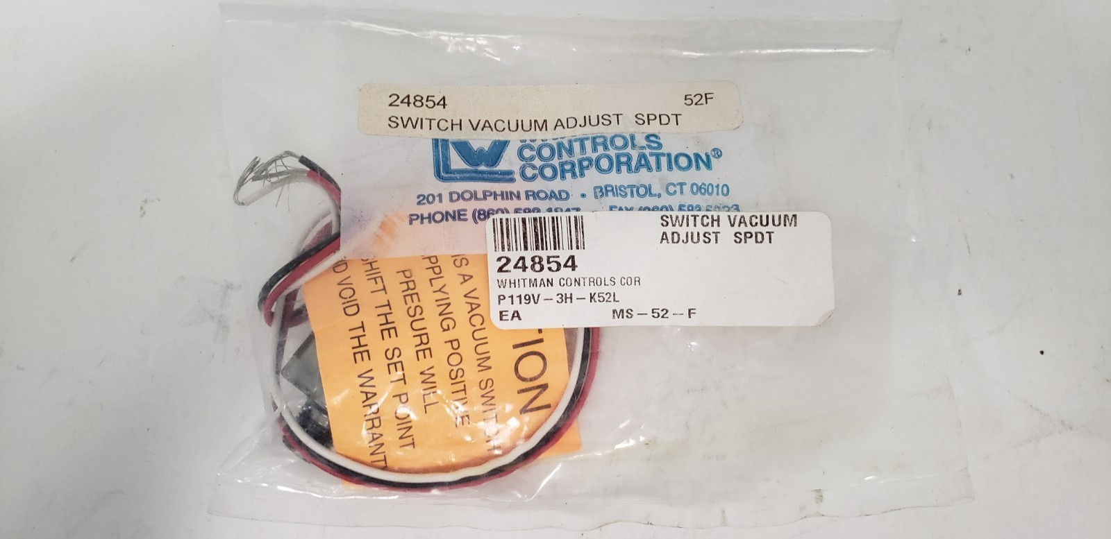 WHITMAN CONTROLS 24854 VACUUM SWITCH, ADJUST SPDT, 5A, 250VAC, NIB