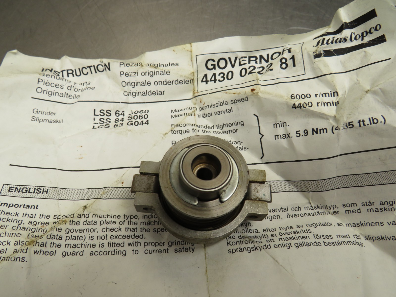 Atlas Copco 4430022281 Governor