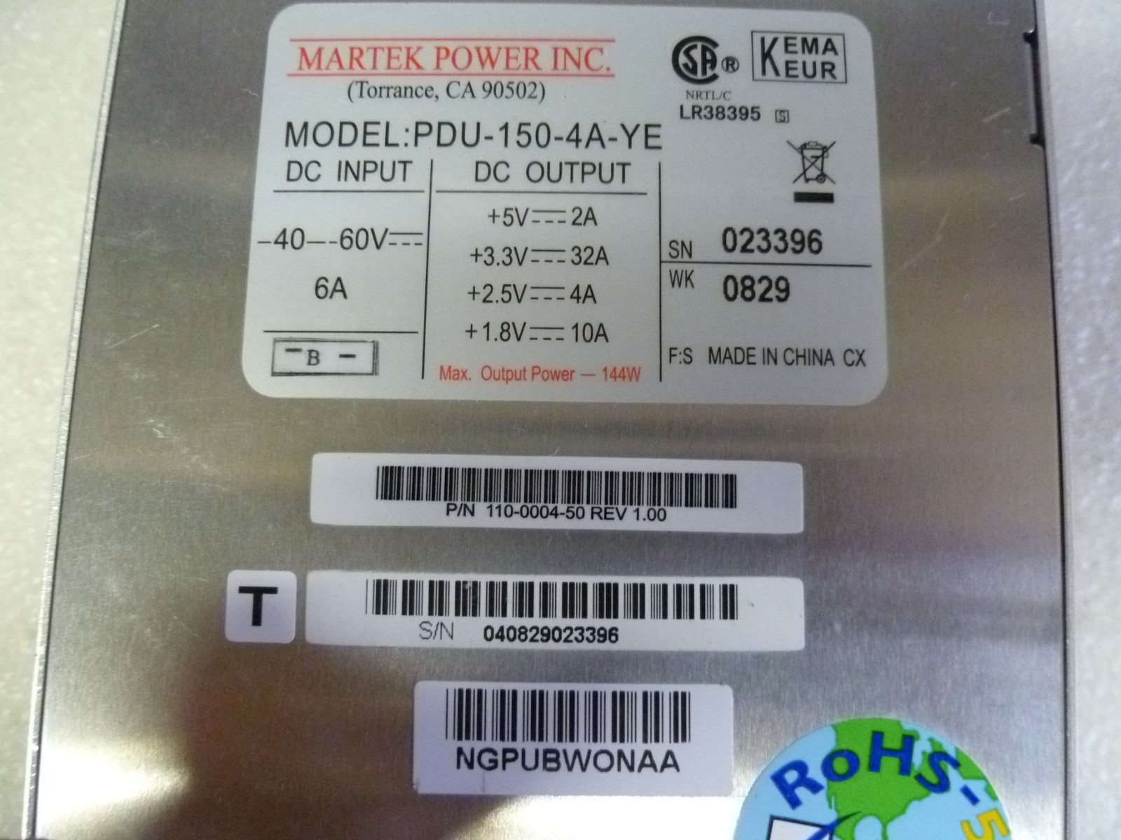 MARTEK PDU-150-4A-YE 144W 110-0004-50 HOT SWAP POWER SUPPLY