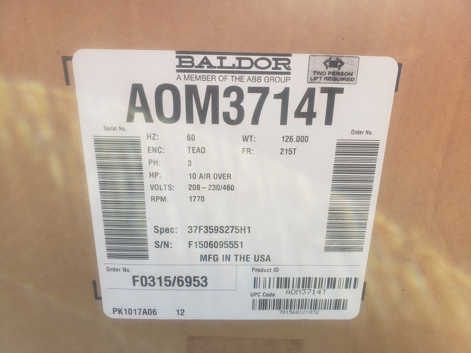 NSOP Baldor-Reliance Motor AOM3714T 10 AIR OVERHP 1770RPM 3PH 60HZ A0M3714T