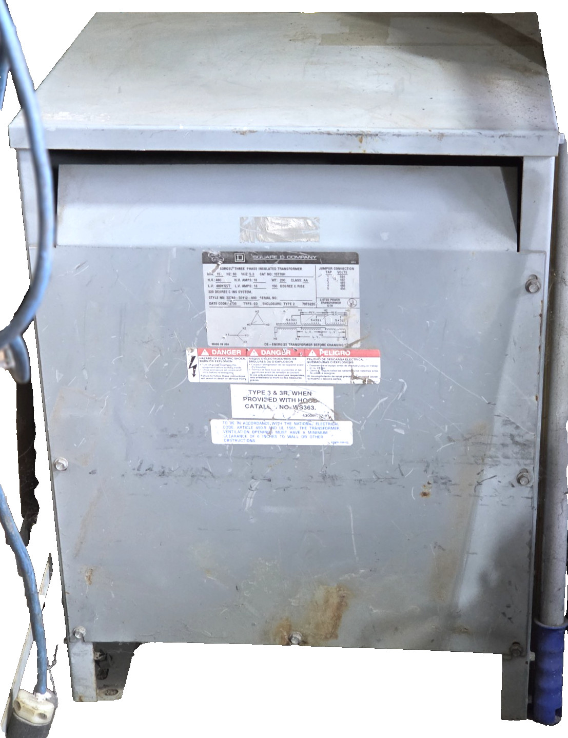 Square D 15kVA Transformer 480V to 480Y/277V 3 Phase Sorgel Type 15T76H