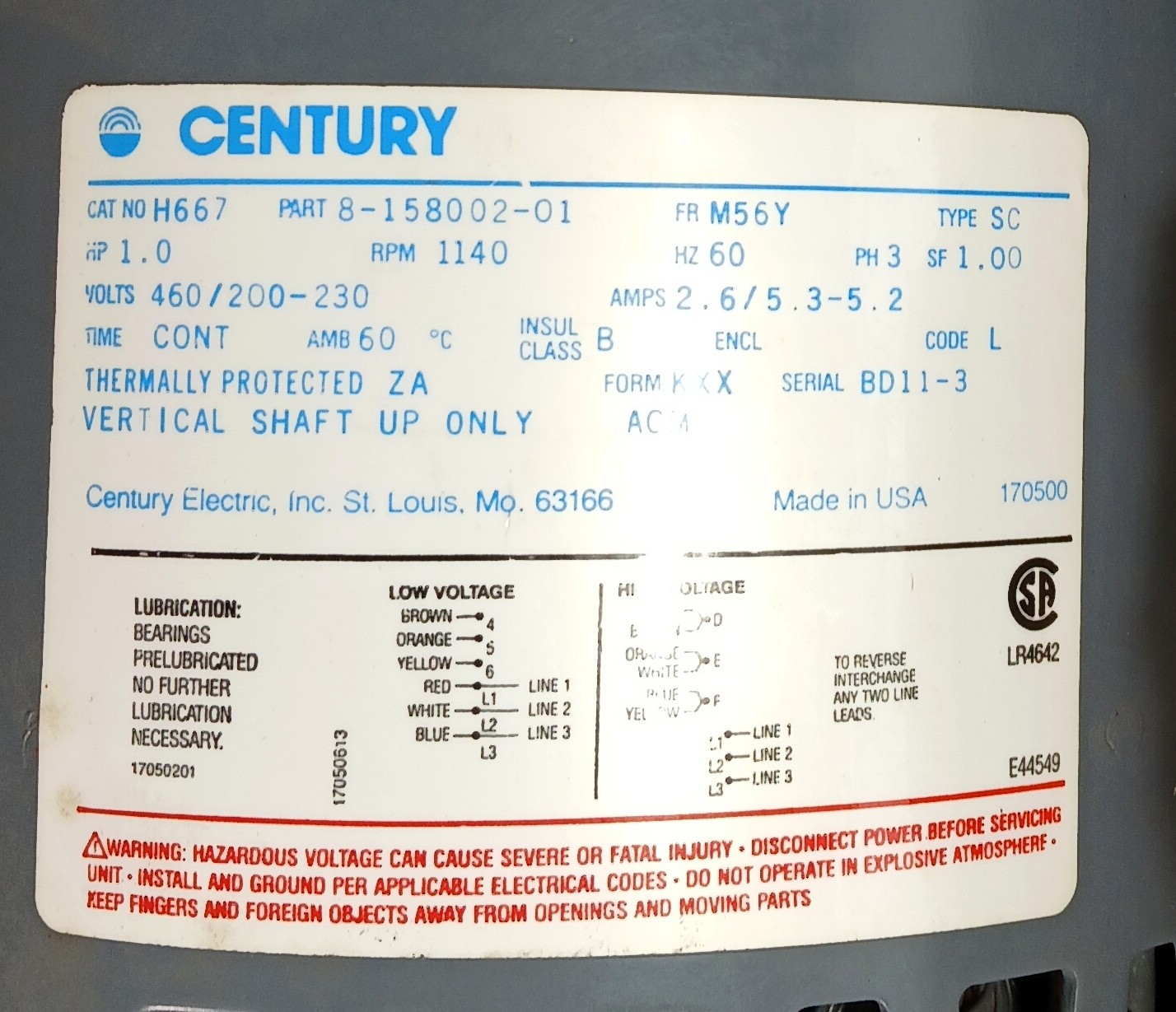 1 NEW CENTURY 8-158002-01 1140 RPM 1 HP M56Y FRAME BLOWER MOTOR NIB *MAKE OFFER*