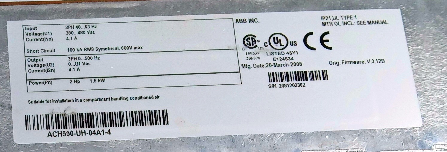 1 USED ABB ACH550-UH-04A1-4 2 HP 1.5 KW AC DRIVE W/ KEYPAD ***MAKE OFFER***