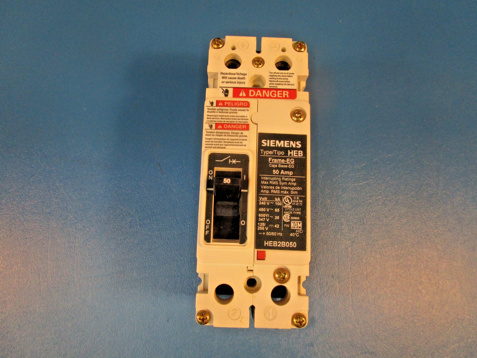 Siemens HEB2B050B, Circuit Breaker, 2-pole, 50A bolt-on molded case, rated 65kAI