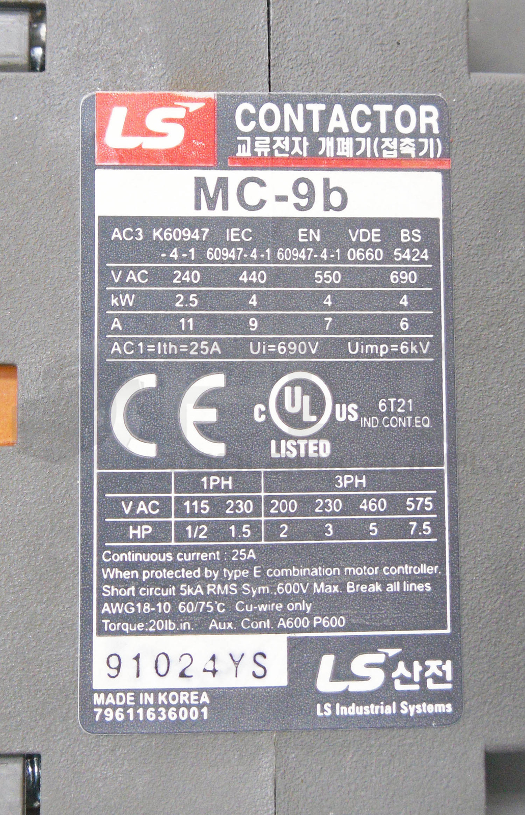 NEW METASOL MC-9B CONTACTOR 24VAC 50/60HZ *READ*