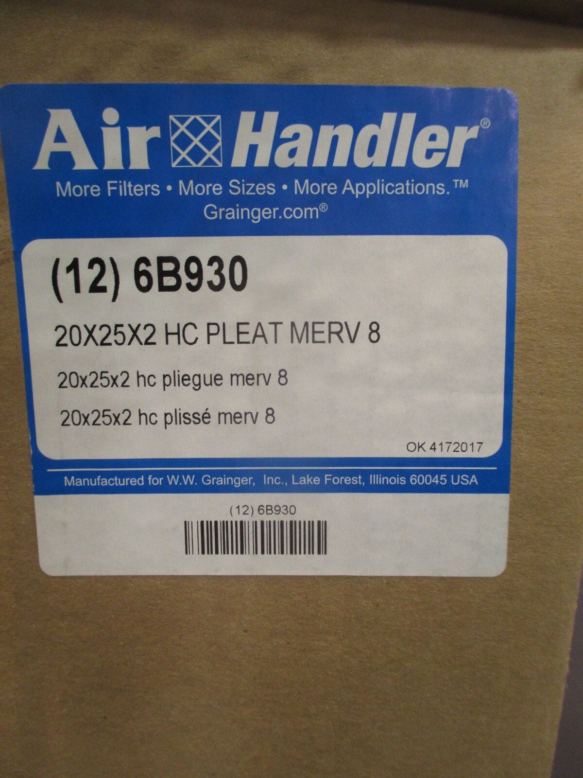 Box of 12 Air Handler 20″ X 25″ X 2″ HC Pleated Merv 8 Filter 6B930