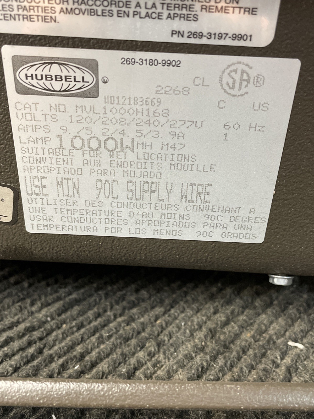 Hubbell Magnuliter Floodlight MVL-1000H-168 1000W Lamp Type MH