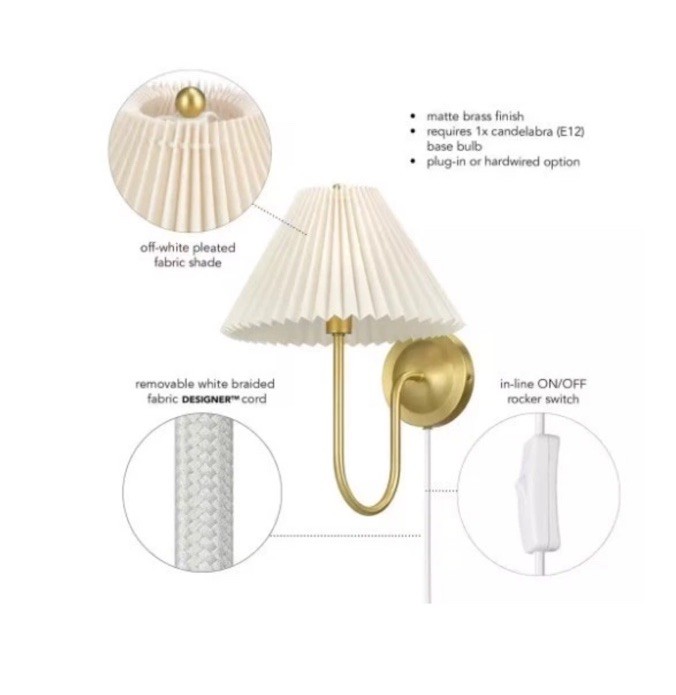 G E Delphine 11 in. 1-Light Matte Brass Plug-In or Hardwire Wall Sconce w/ Shade