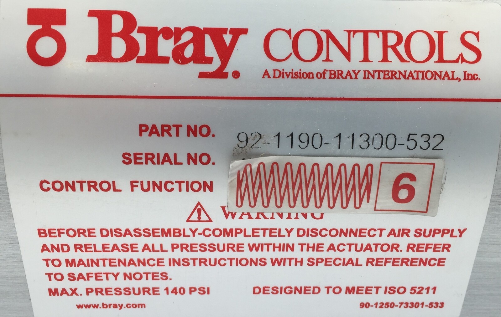 Bray Controls 92–1190-11300-532 Actuator Spring Return Series 92