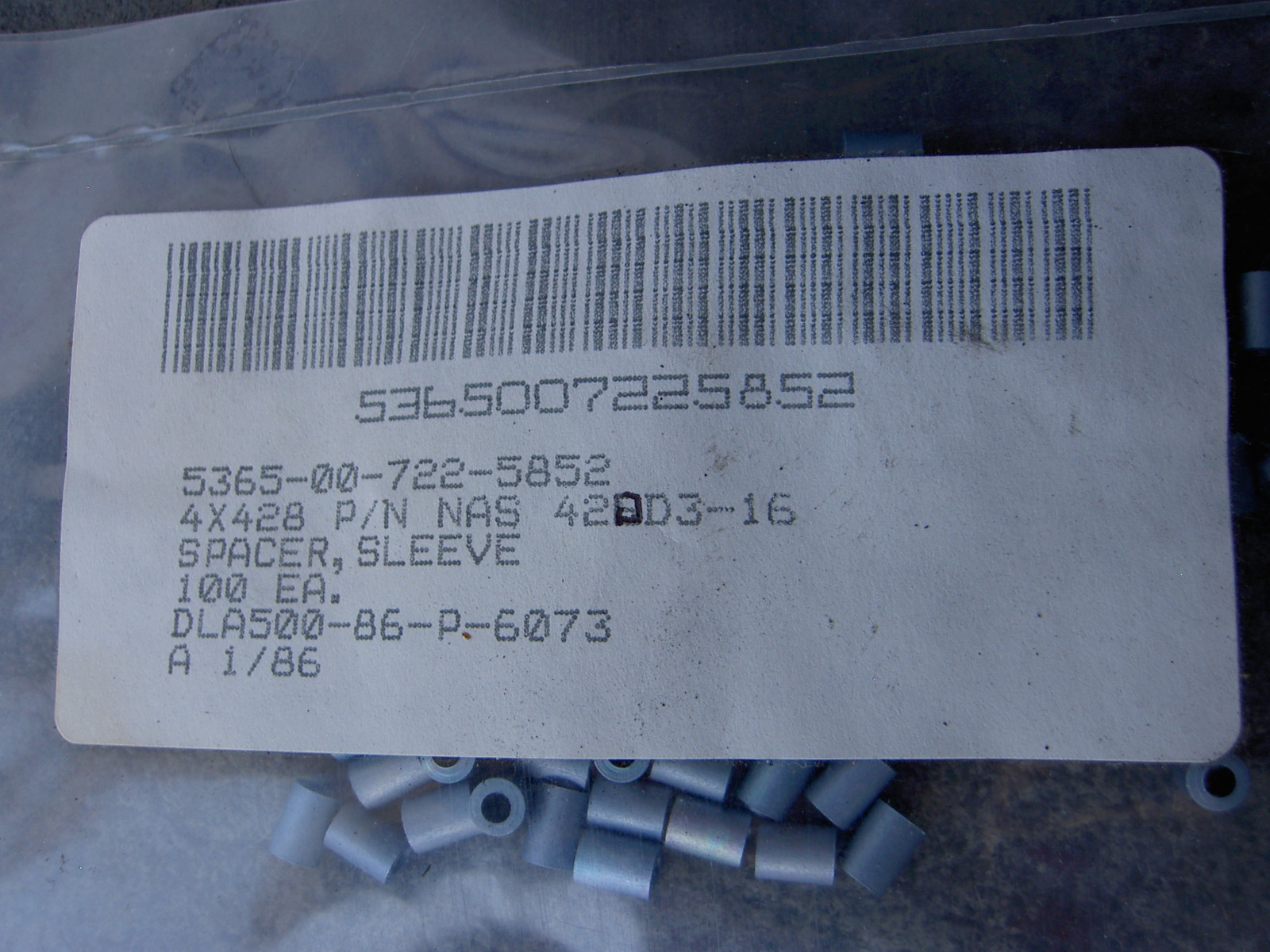 Aluminum SPACER,SLEEVE,100 pcs.NSN 5365-00-722-5852 size 0.0970 inches,2.4638 mm