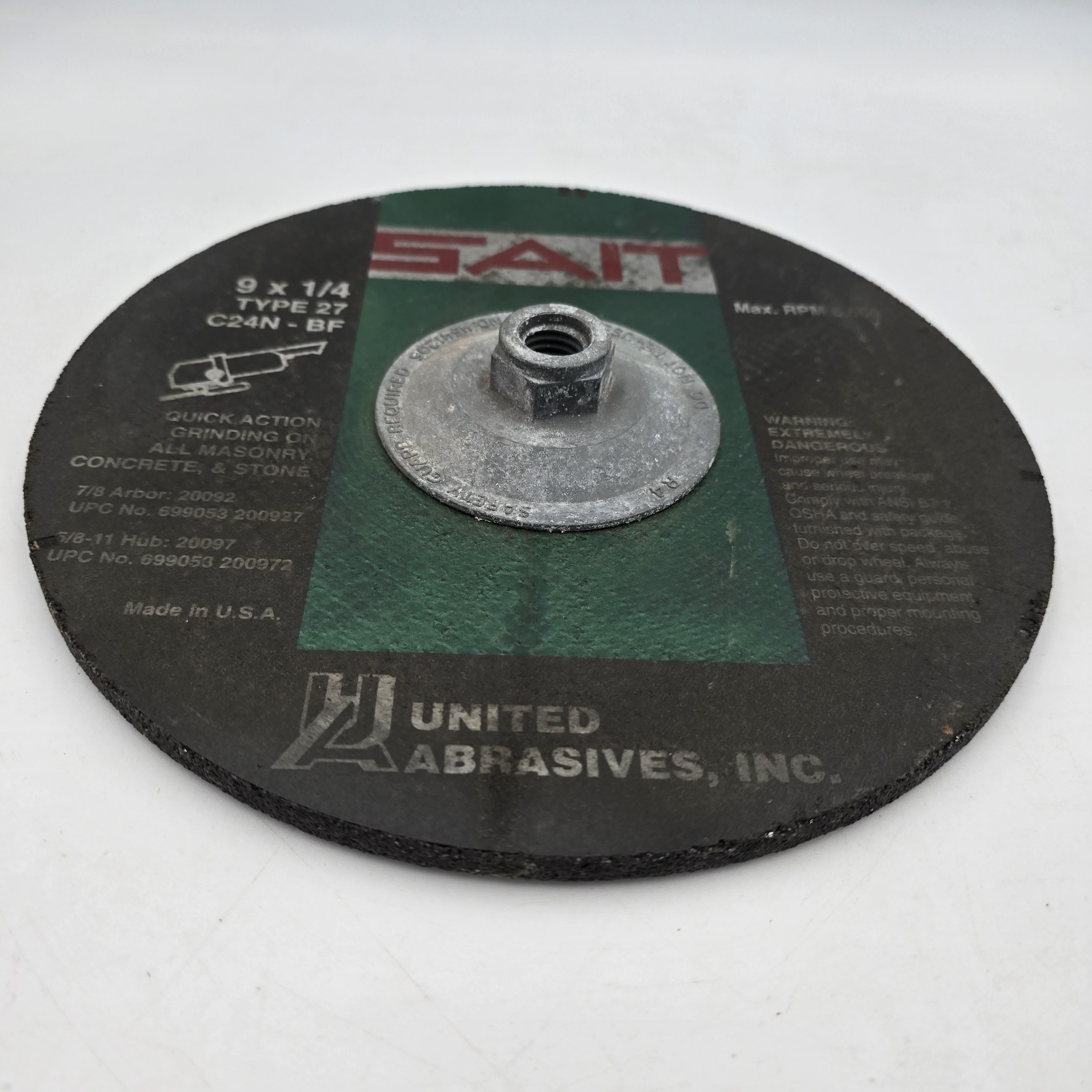 United Abrasives SAIT 9×1/4 Type 27 Grinding Wheel C24N-BF Max 6,600 Carbide