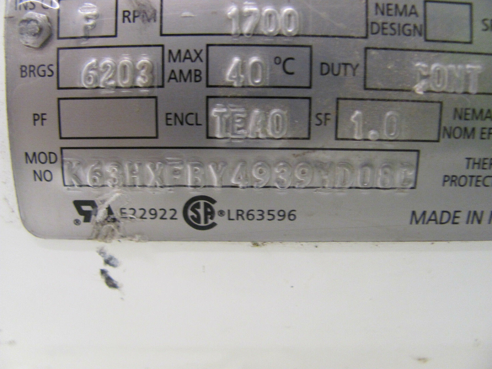 EMERSON WASHDOWN DUTY MOTOR HD14AA2PZ7 K63HXFBY4939HD08C 1700RPM .25HP NEW(OTHER