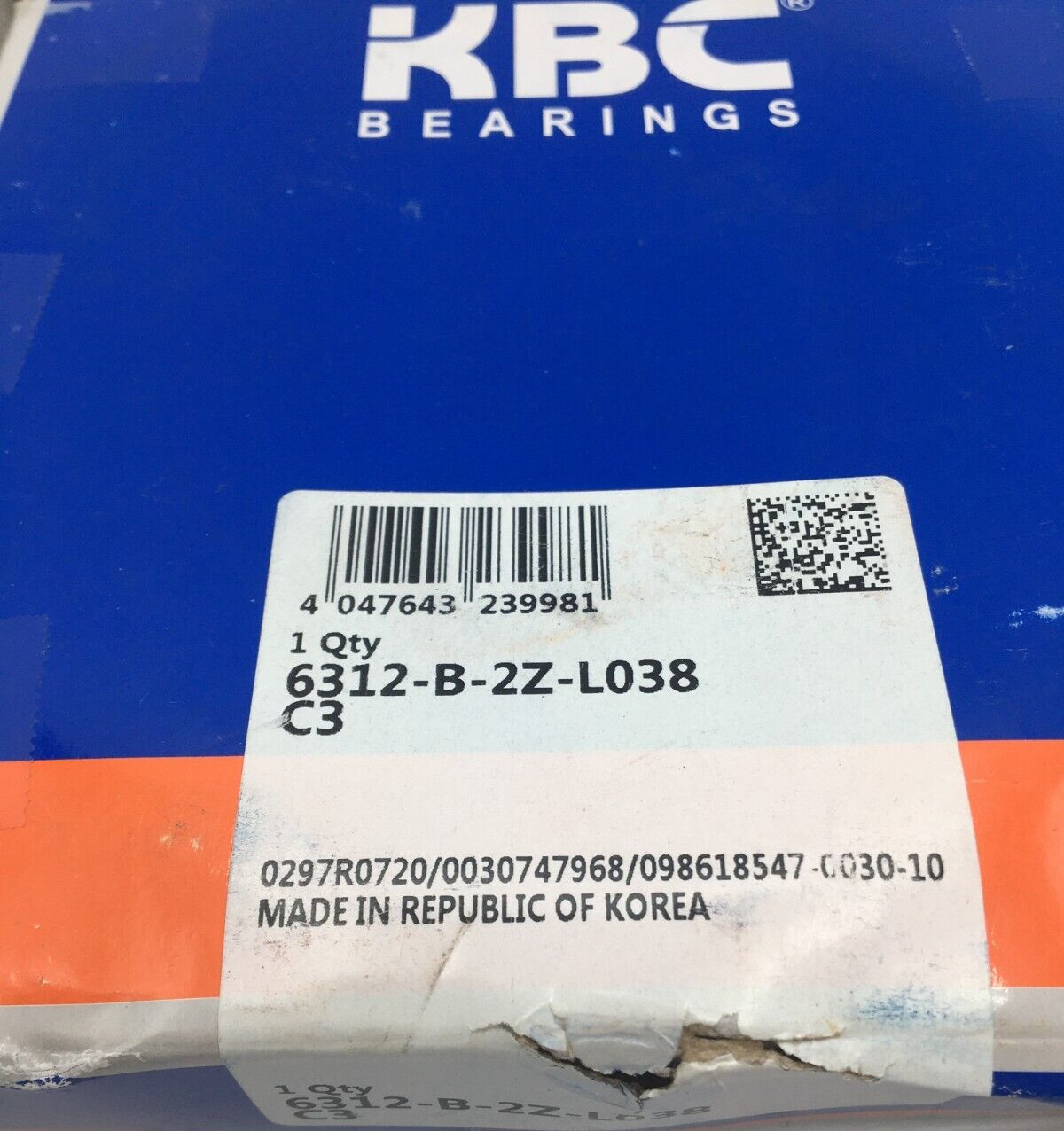 KBC Radial, Deep Groove Ball Bearing Double Round Bore 6312-B-2Z-L038-C3 NIB
