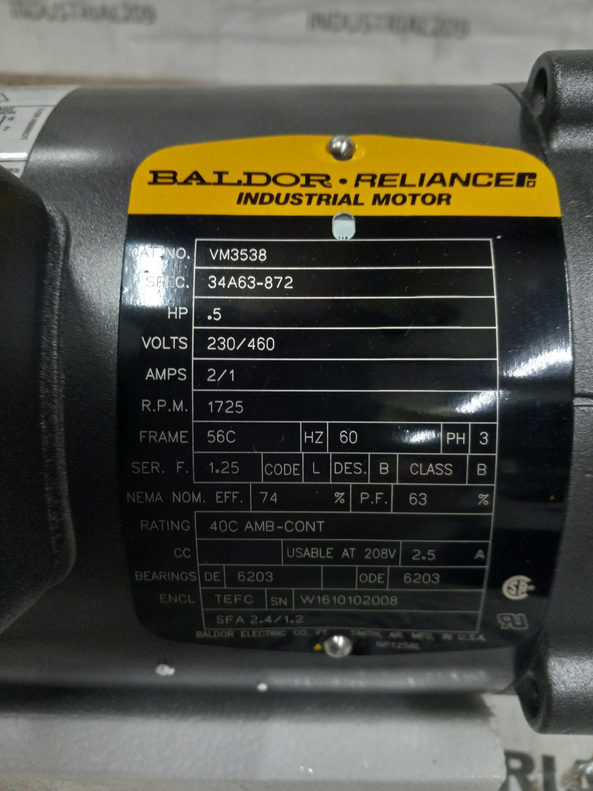 BALDOR MOTOR VM3538 0.5HP 1725 RPM