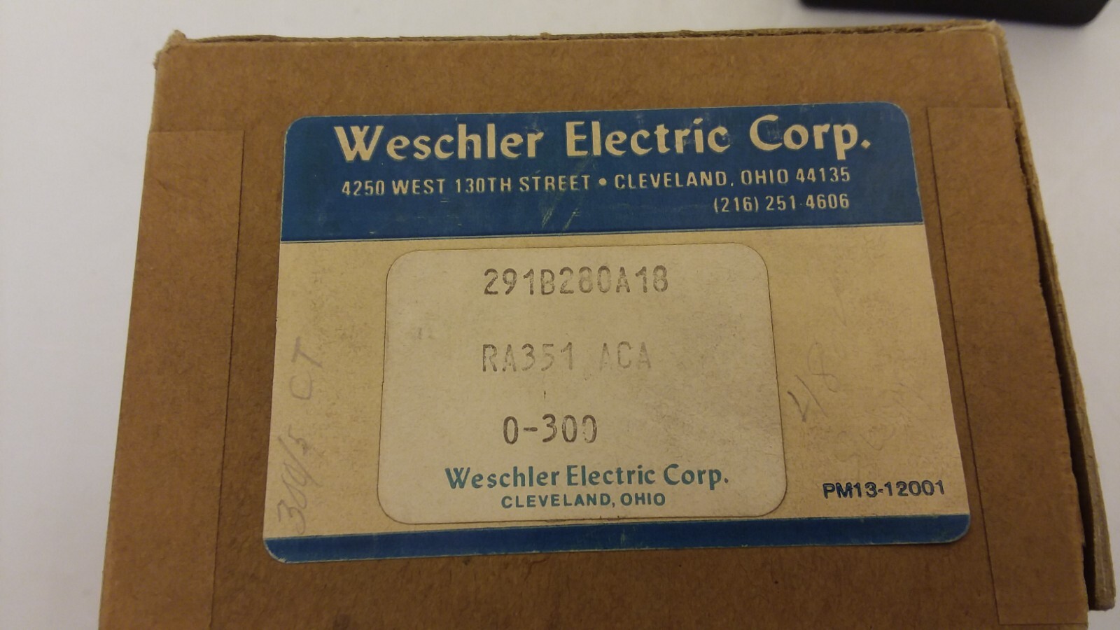 WESCHLER ELECTRIC CORP 291B280A18 0-300AC AMPERES AMMETER NIB