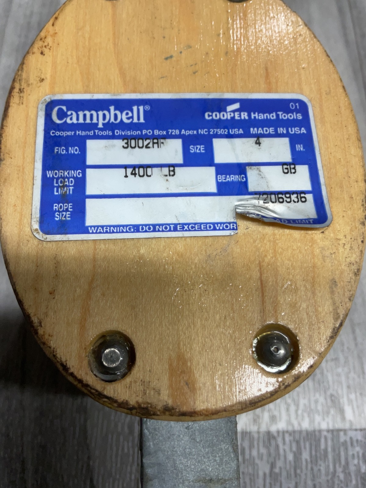 Campbell 3002 A F 4” Double Wood Shell Block / Loose Hook 1/2” Rope #4010X118SI