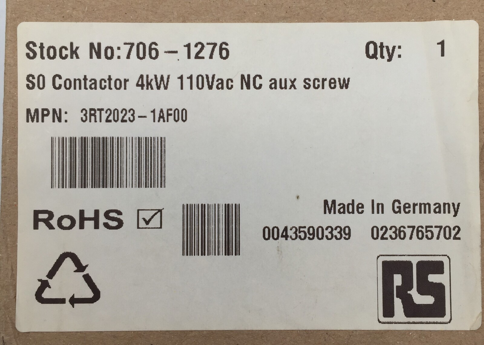 Siemens Sirius 3RT2023-1AF00 Contactor 9A 3P 4kW 110VAC NC Coil 