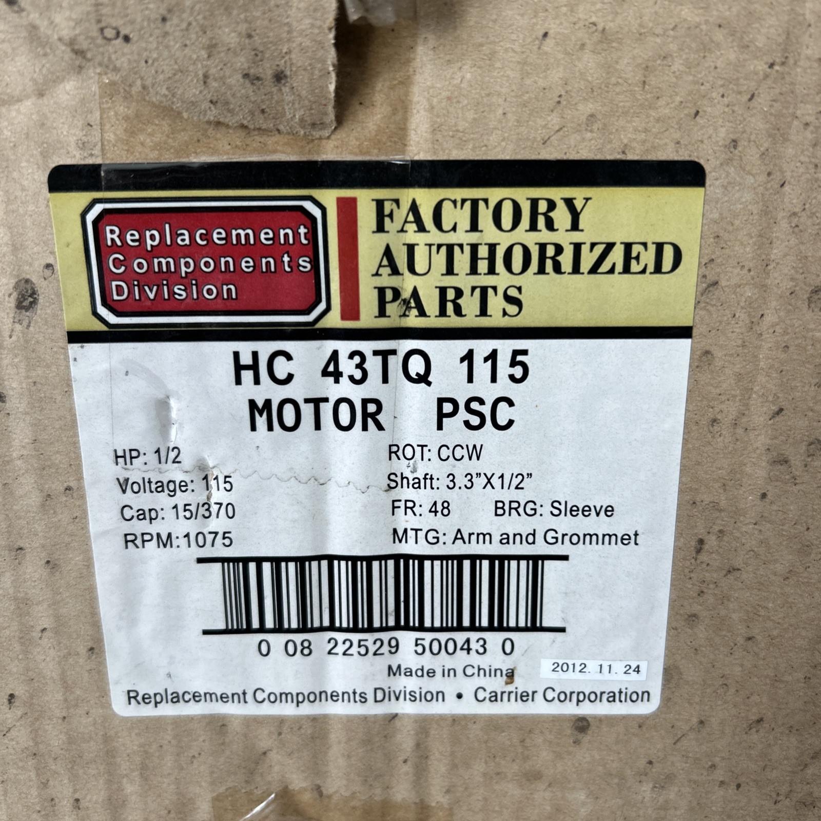 Carrier HC43TQ113 115v 1/2hp 1075rpm 3spd Motor HVAC System