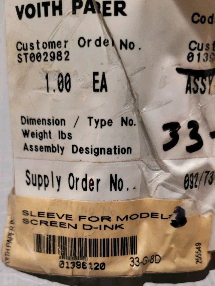 BIRD Voith Paper OEM D-INK Screen Mechanical Sleeve Assembly MPN 255549 NOS