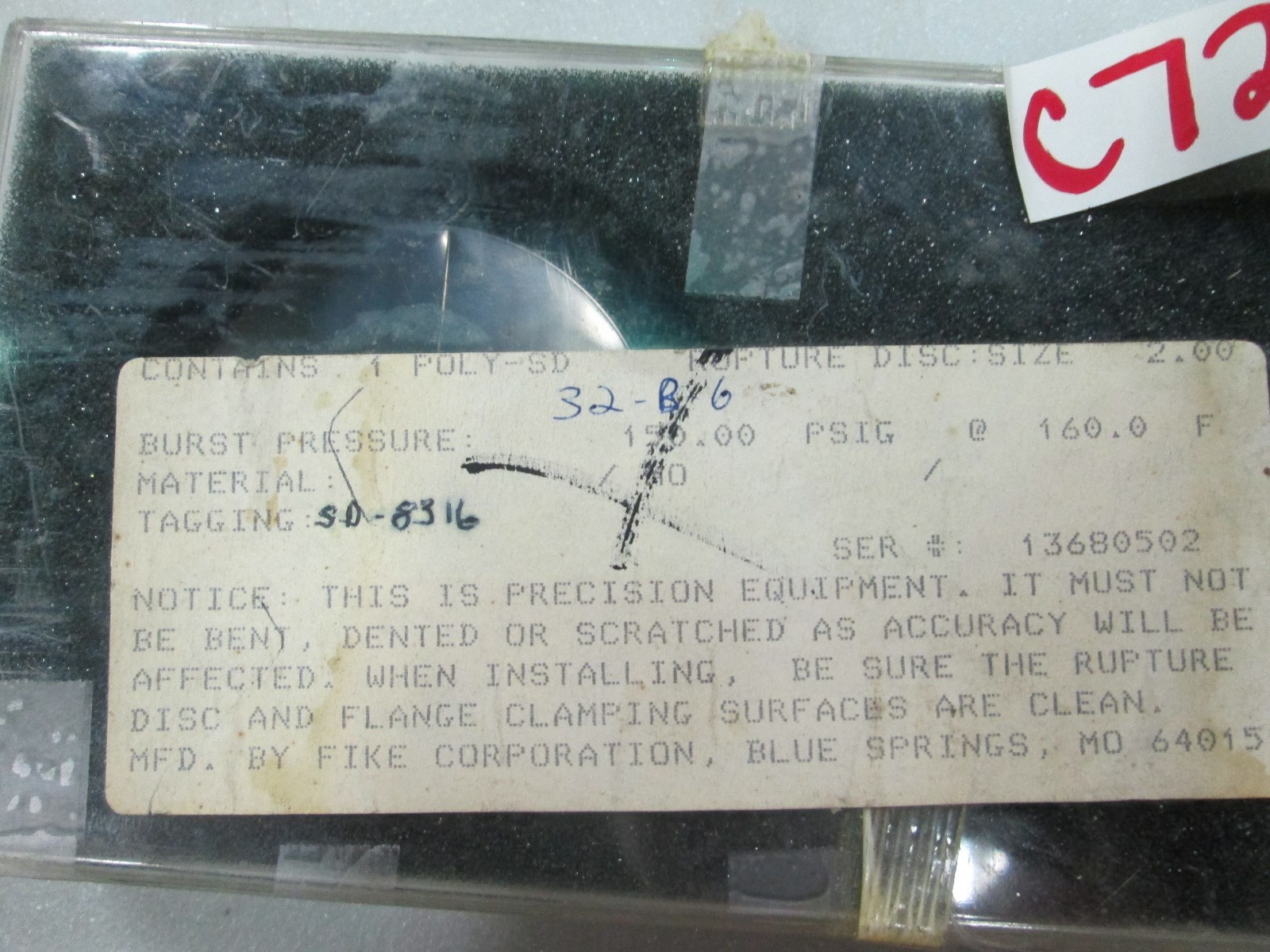 Fike 2″ Rupture Disc 150.00 PSIG @ 160F Type: POLY-SD Material: MO (NIB)