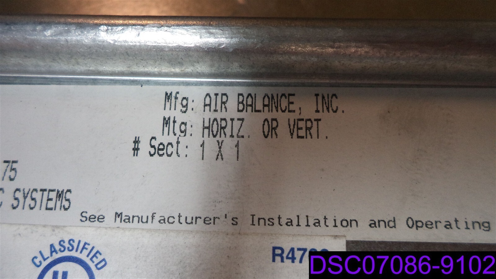 Dented Air Balance Damper Model 119AH, Duct: 18×18, Frame 17.75 x 17.75