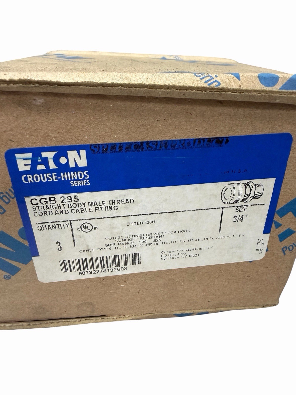 Crouse-Hinds CGB295, Cable Gland, 3/4 Male Cord/Cab Ftg Neo Bush, Lot of 3, NEW
