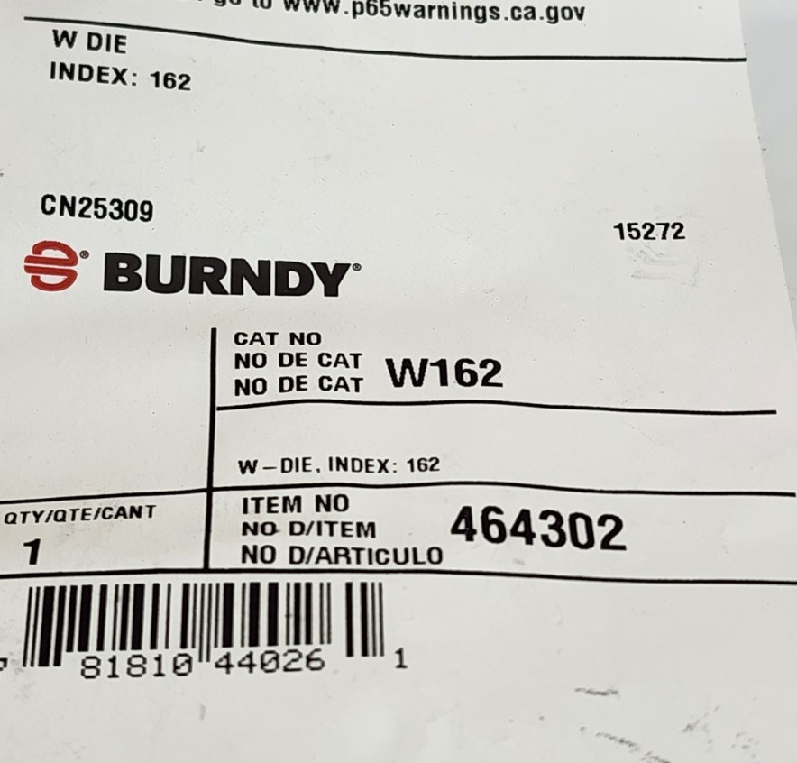 Burndy W-162 W Die Index 162 NEW ( 1 bag or 2 Pieces)
