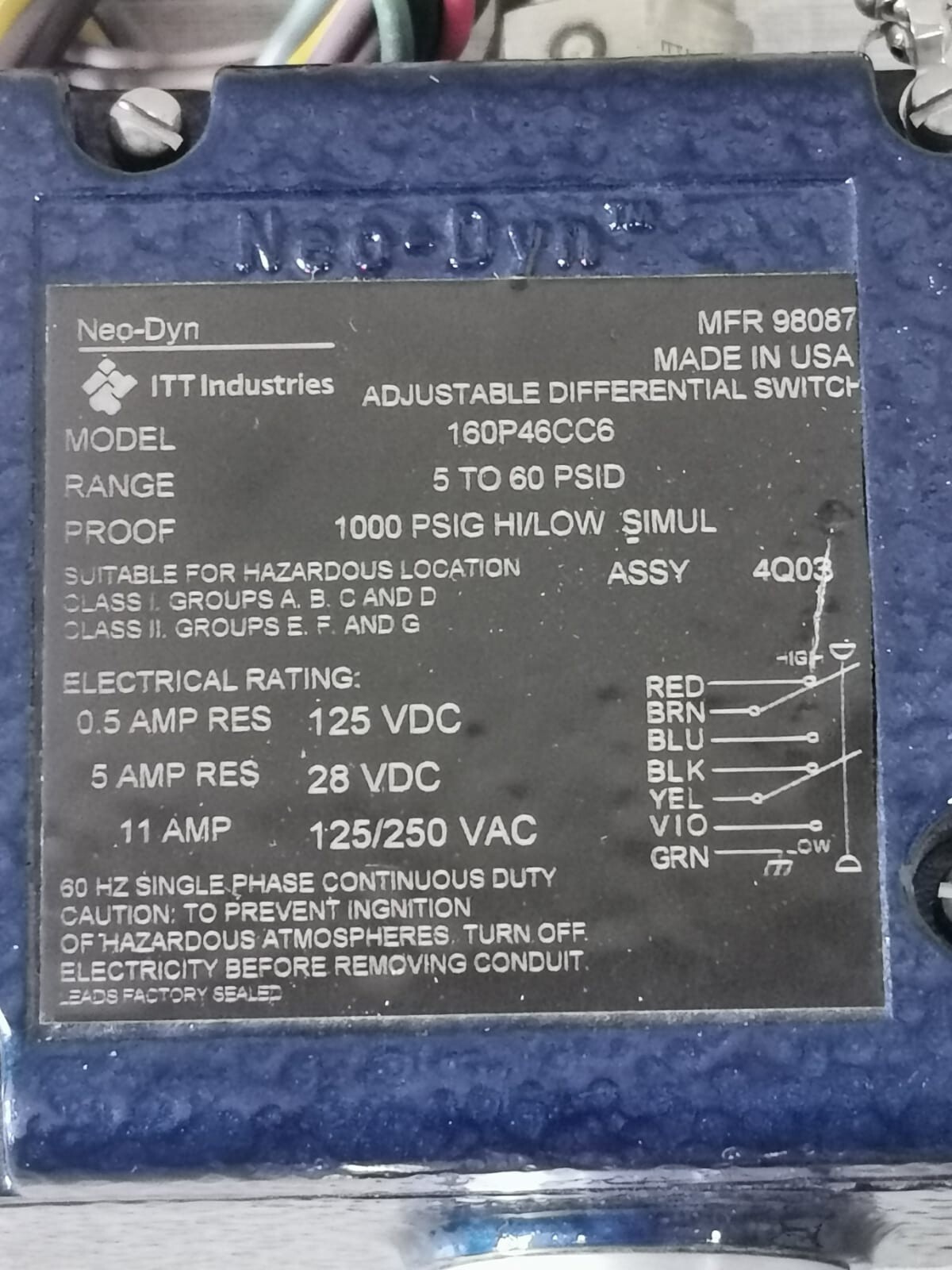 NEO-DYN 160P46CC6 Adjustable Differential Switch ~ 5 TO 60 PSID