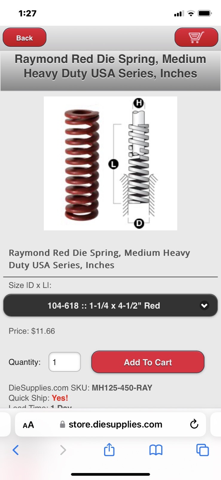 1-1/4 X 4-1/2 Inch Die Spring 104618 Medium Heavy Duty Red Raymond Coil