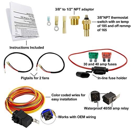 Electric Cooling Fan Wiring Kit 185/165°F Thermostat Switch 40/50A Relay 12V