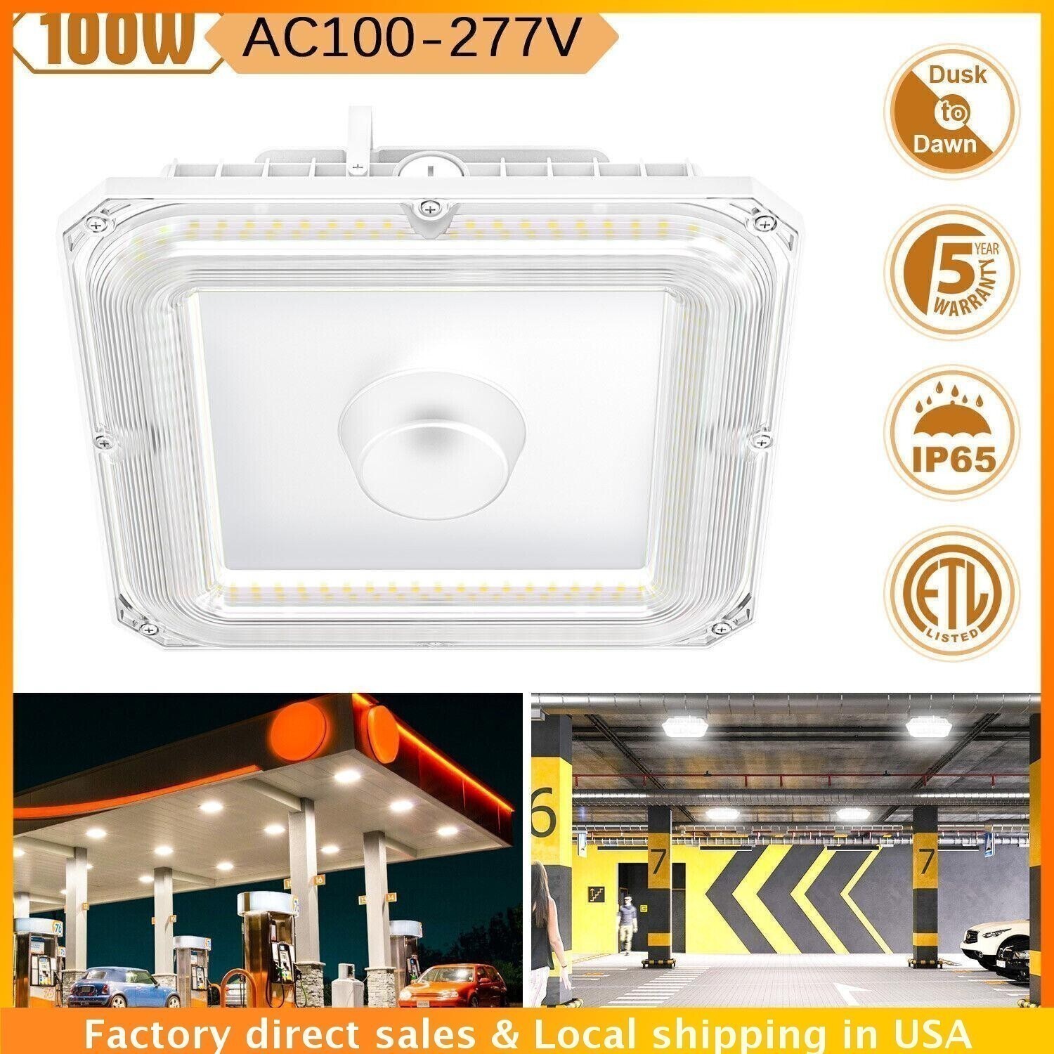 100W LED Canopy Light Commercial Outdoor Parking Lot Gas Station Lights 13,500LM