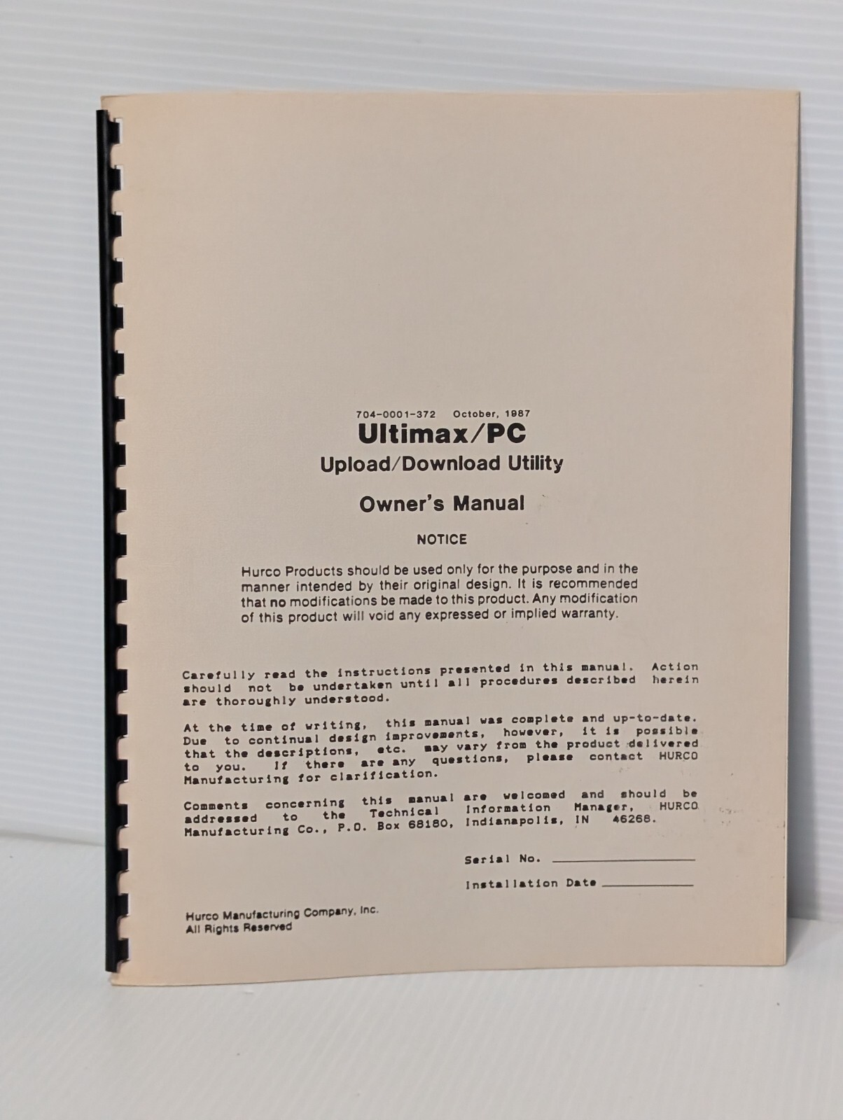 Hurco Products 704-0001-372 Ultimax/ PC Upload/ Download Utility Owner’s Manual