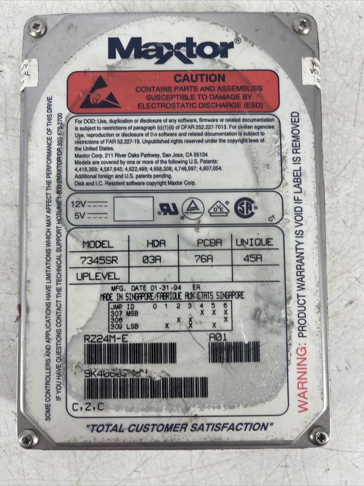 Maxtor Disk Drive 7345SR Uplevel, HDA 03A, PCBA 76A, Unique 45A PARTS OR REPAIR